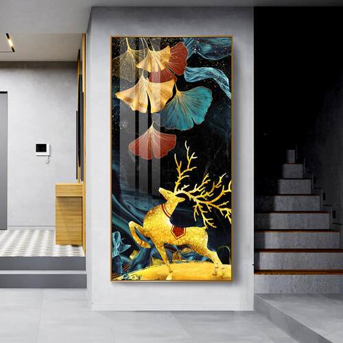 禄进门代简约玄关挂画过大气入户现走廊福装饰画麋XG-A260鹿客厅