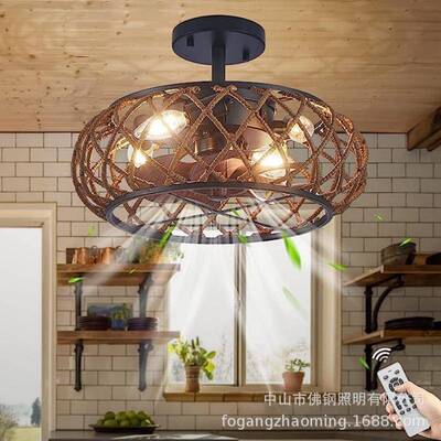 式风扇灯客卧室餐厅带吊扇灯复古欧编织381厅绳电扇灯供货