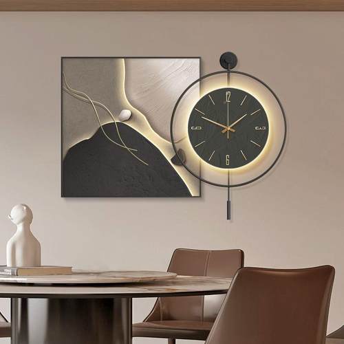 餐厅装饰画带钟表现代奢感饭运厅挂画轻简餐约桌边85879石来转挂