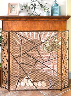 简风约黑色色客厅壁炉金隔断屏三折防栏带网铁火艺镂85247空装饰