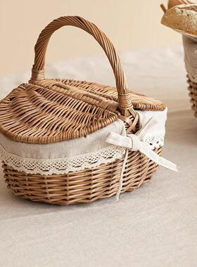 春游收纳篮田22973园风柳编编织盖手提纳篮户收外带保温网红野餐篮