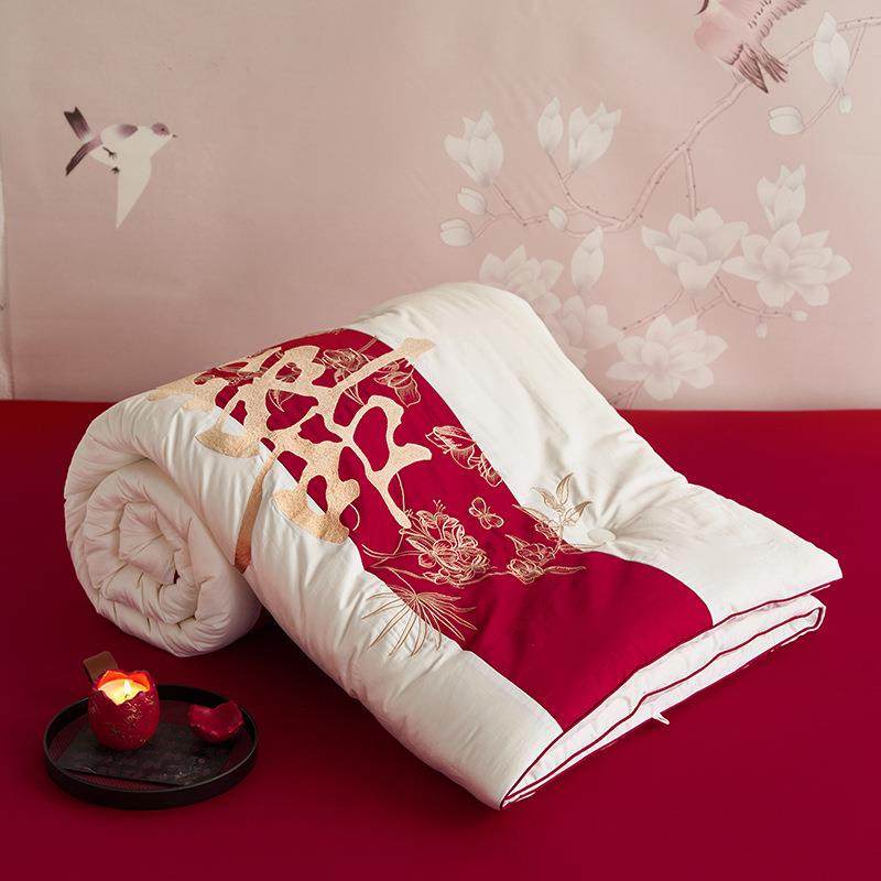 A类60支长绒棉大红绣刺婚嫁被芯UIZ机双人可大豆纤维春秋结婚被子