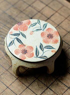 中式青花火石21295红陶瓷创意纯手绘矮凳盖置花茶桃垫防烫家用器