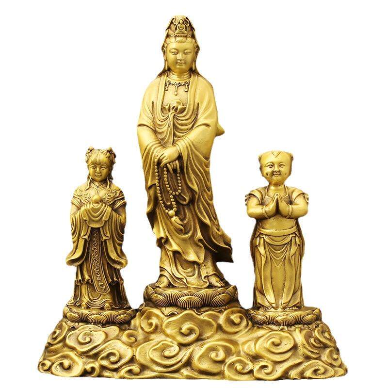 送子观音黄铜摆件南海观音菩萨善财童子供奉家居铜装饰品全铜摆饰