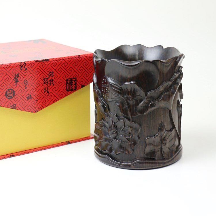 红木笔筒工艺品摆件木雕刻实木紫檀红酸枝黑檀木质荷花笔筒直销