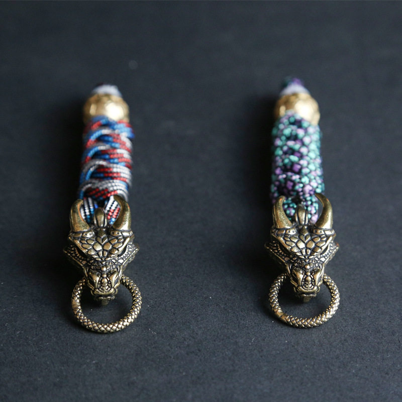 龙头钥匙扣挂件吊坠随身黄铜复古挂绳吊坠EDC推牌刀坠伞绳