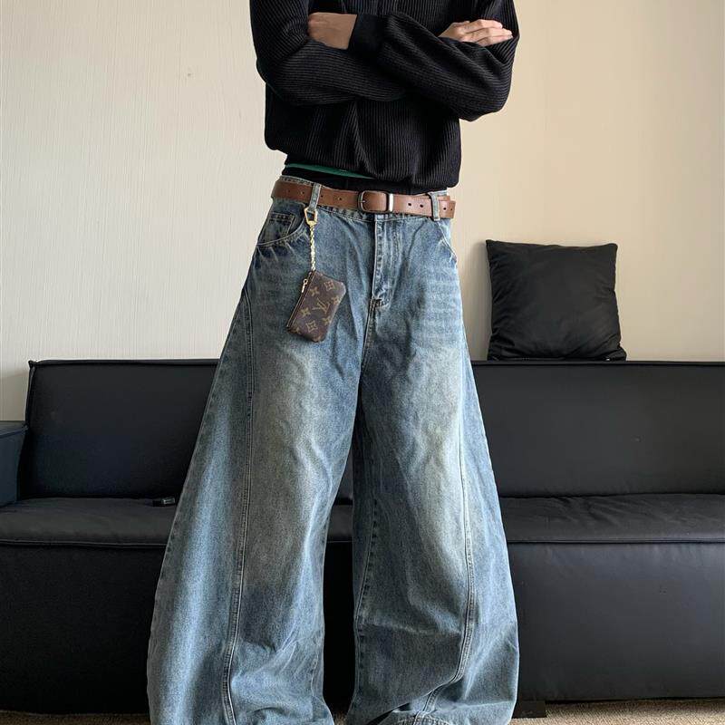 白菜coke美式复古水洗宽松直筒牛仔裤男潮牌cleanfit香蕉阔腿裤子