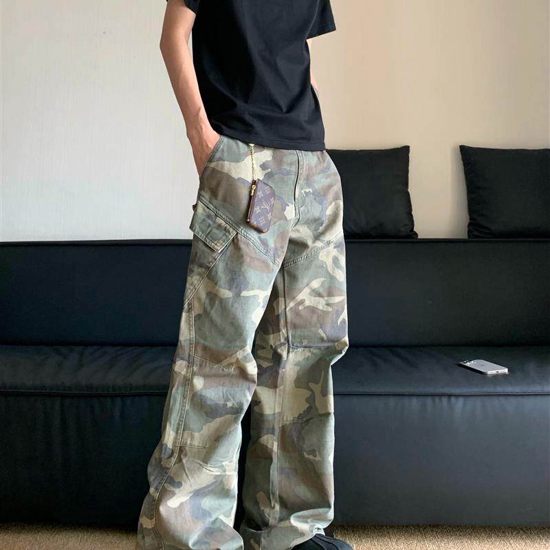 白菜coke美式迷彩工装裤男修身直筒hiphop裤子男高街vibe微喇叭裤