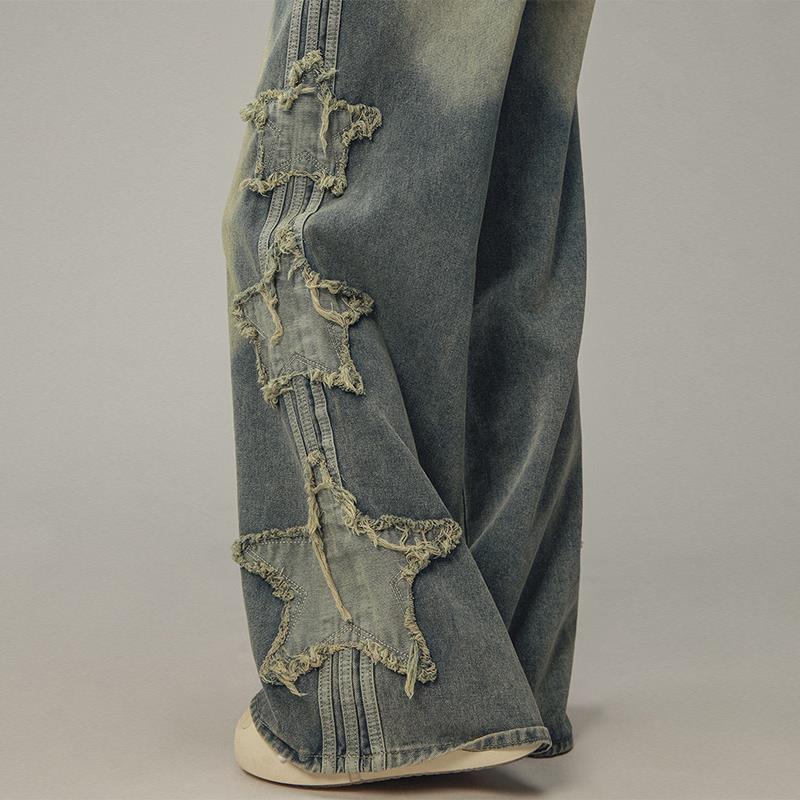 CTB Captainbeer美式复古星星贴布条纹牛仔裤男女直筒宽松休闲裤