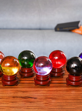 透明水晶球摆件K9黄色粉色彩色玻璃球底座内雕艺术装饰工艺品