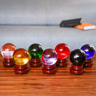 透明水晶球摆件K9黄色粉色彩色玻璃球底座内雕艺术装饰工艺品