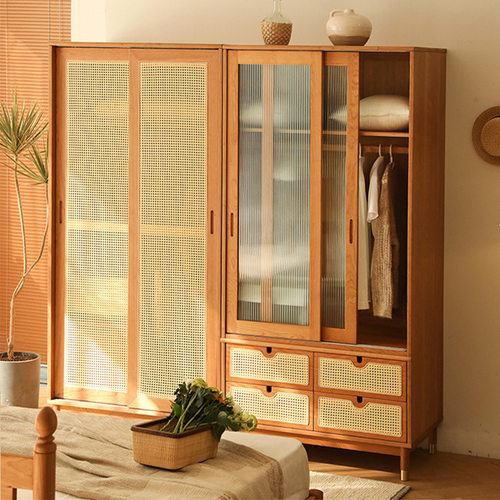 北欧实木衣柜家用卧室藤编推拉门衣橱公寓现代简约实木平开门衣柜