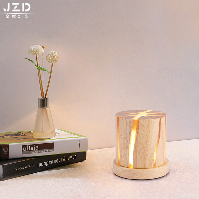 日式木艺床头小夜台灯 北欧简约现代设计台灯 书桌卧室树脂灯具