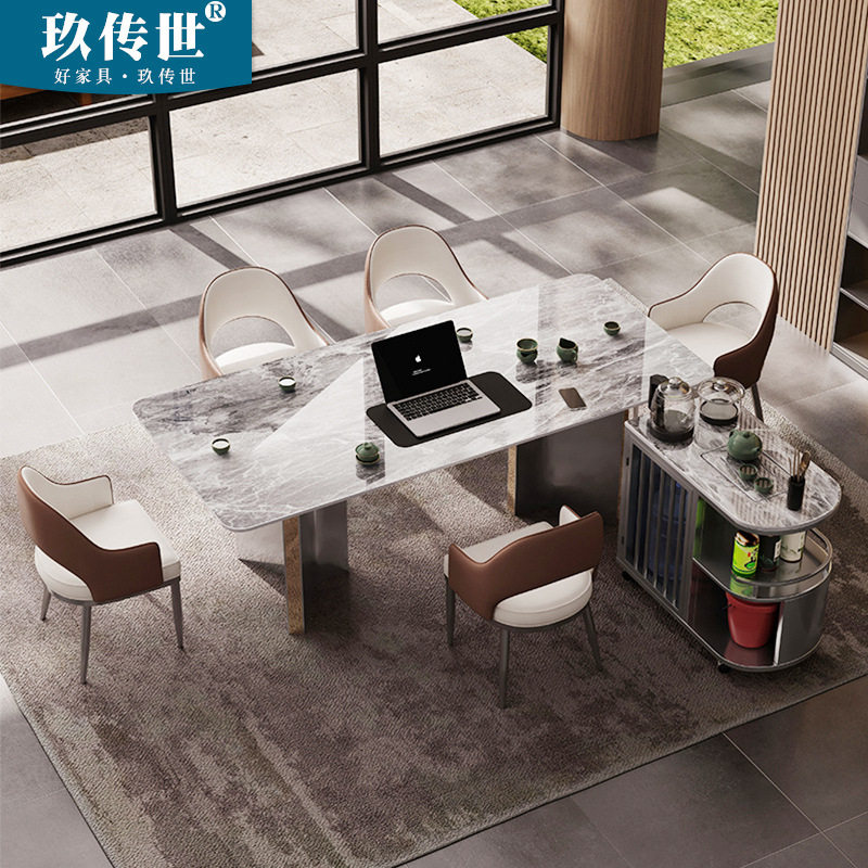轻奢岩板茶桌椅组合边几边柜可移动岩板茶台现代茶车泡茶饭桌餐桌