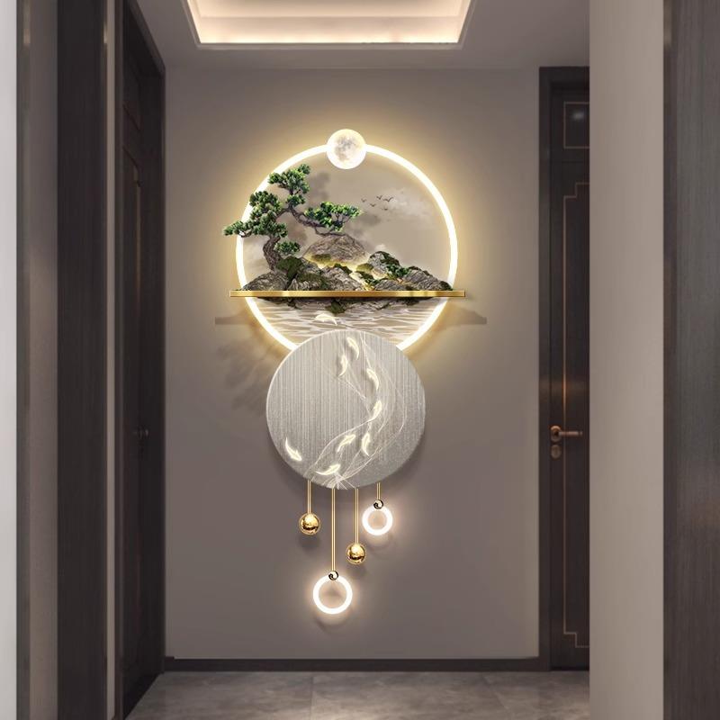 3D立体浮雕玄关装饰画入户走廊过道九鱼图挂画led灯发光山水壁画图片