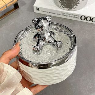 高级感防风陶瓷烟灰缸带盖女性可爱白色轻奢公寓客厅茶几烟缸家用