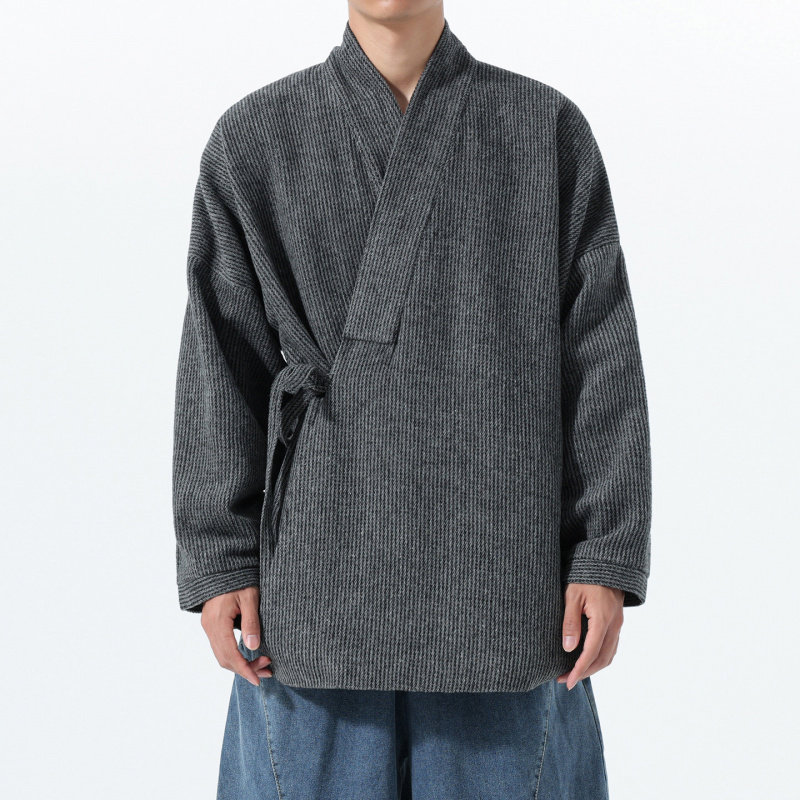 衿舍 秋冬季斜襟汉服男中国风毛呢长袖道袍古风居士服宽松禅修服