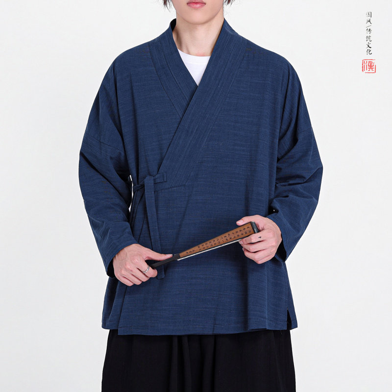 明制汉服男中国风秋季长袖交领道袍外套新中式斜襟上衣禅意居士服图片