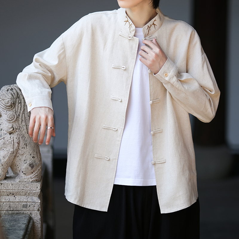 中国风男装复古刺绣立领衬衫新中式男士大码上衣 春夏亚麻长袖男