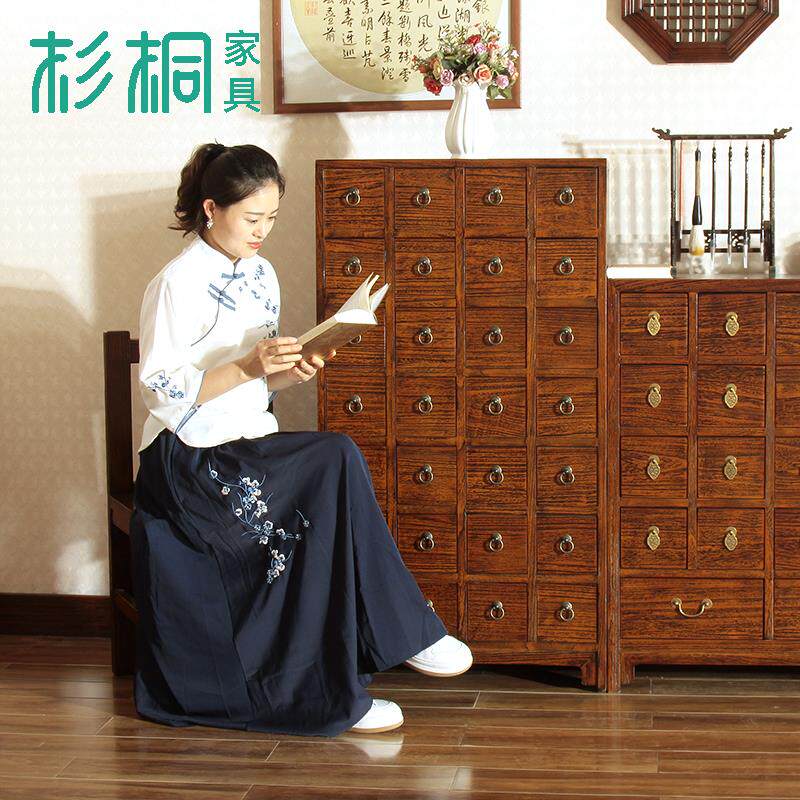 杉桐实木中药储存柜 多抽屉复古药柜家用 中医药橱可订制