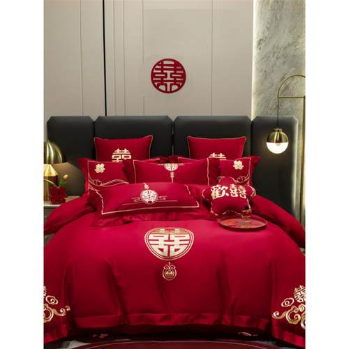 简约婚庆四件套大红全棉中式喜庆爱心新结婚房嫁礼床上用品床单笠