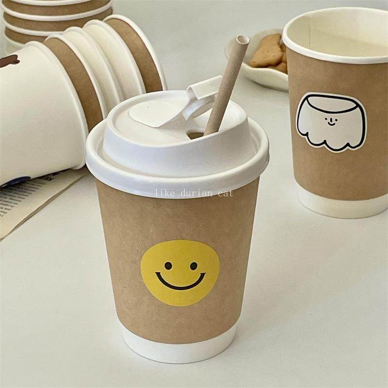 可爱韩国ins风一次性纸杯家用diy咖啡杯子加厚带盖子食品级纸吸管