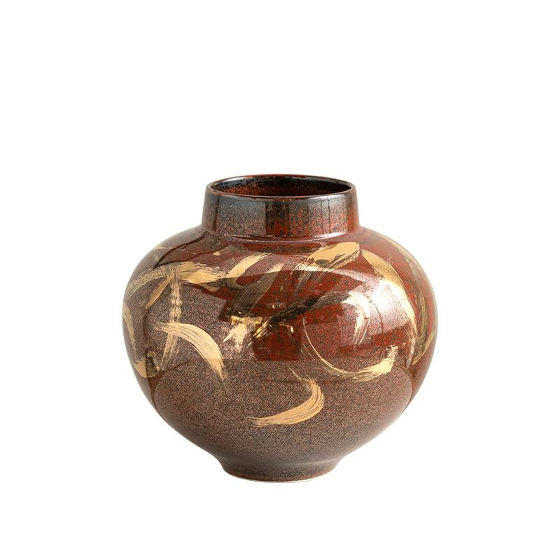 新中式红釉陶瓷花瓶陶罐摆件样板房别墅家居客厅软装饰品