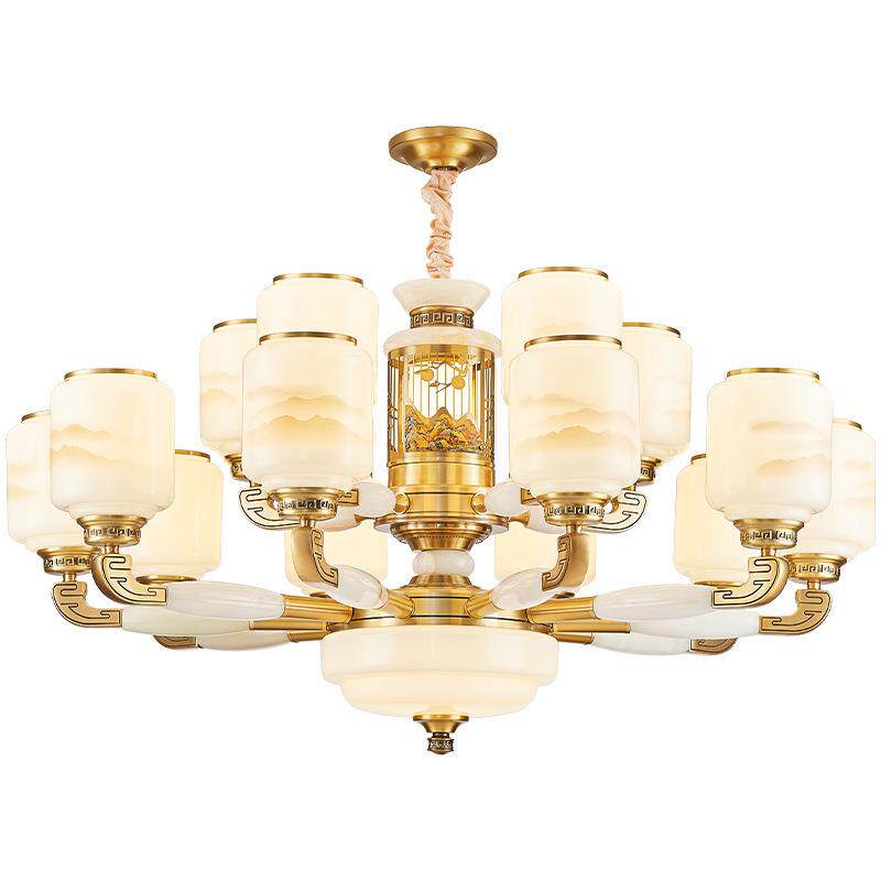 全铜玉石新中式吊灯客厅灯餐厅高端复式楼别墅家用大厅灯2024新款