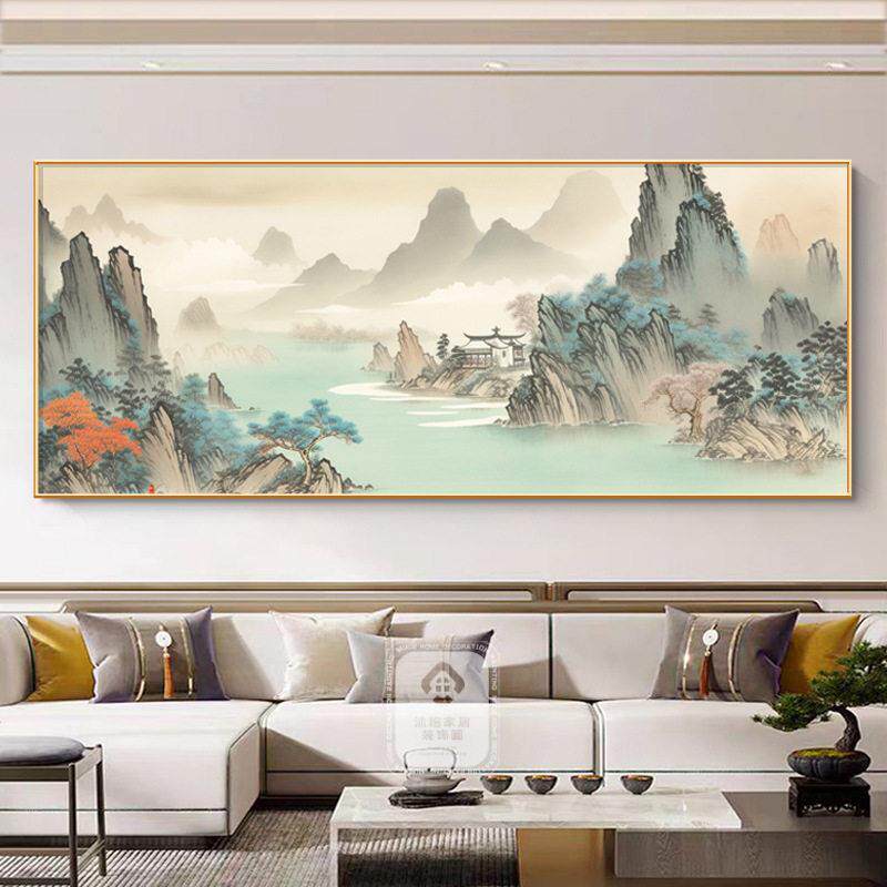 千里江山图客厅挂画横版背有靠山壁画新中式沙发背景墙山水装饰画