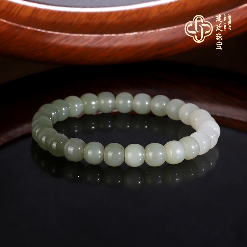 新疆和田玉老型珠手串7mm 渐变色彩虹手链珠串单圈羊脂玉