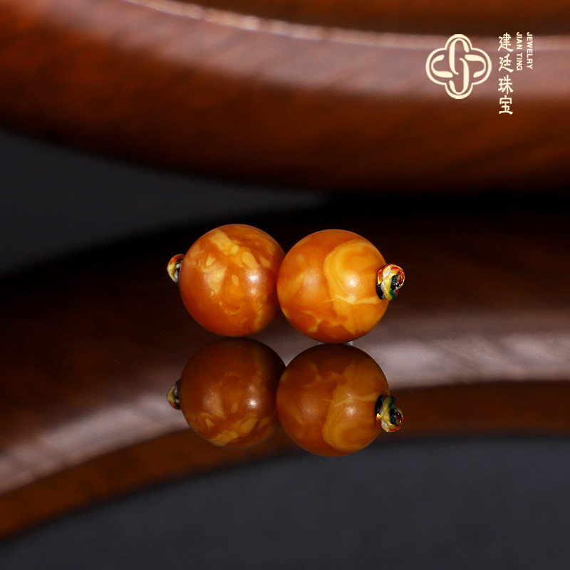 建廷天然俄料老蜡散珠8mm一对 云端满蜡满密古董老花蜡配珠