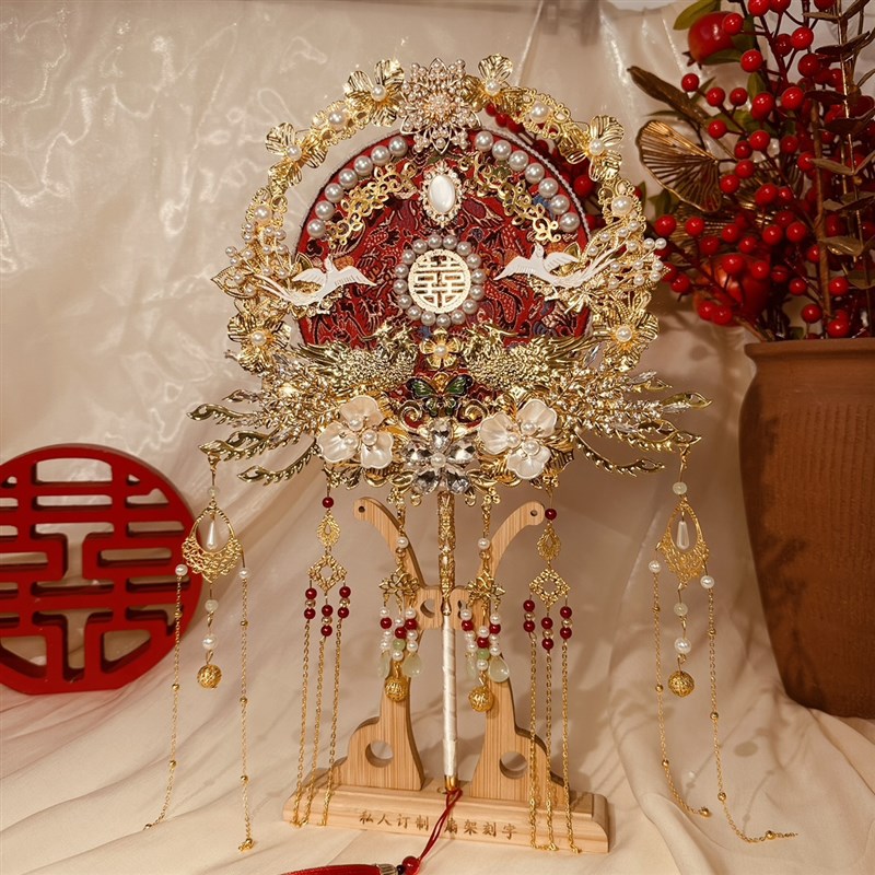 结婚团扇红色双面diy材料包喜扇遮面扇新娘O秀禾中式婚礼扇子送礼