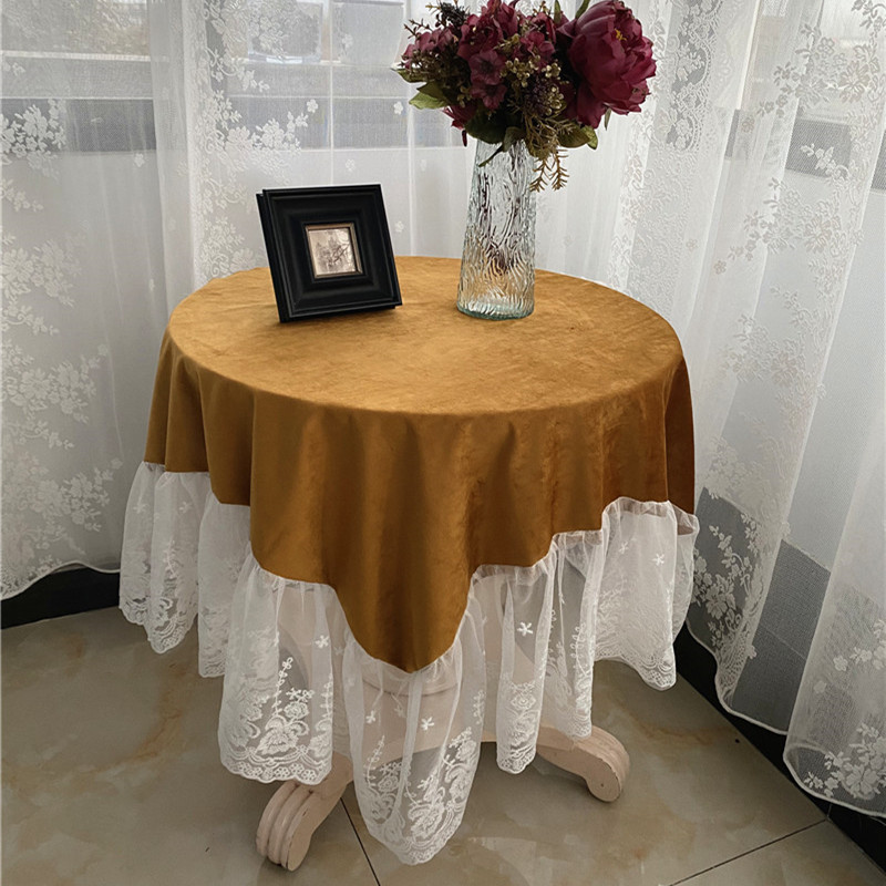 美式法式复古橄榄绿丝绒装饰w蕾丝桌布酒红金色盖布茶几孔雀蓝台