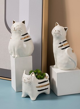 创意轻奢陶瓷猫花瓶摆件桌面客厅电视柜居家装饰多肉插.花器烟灰