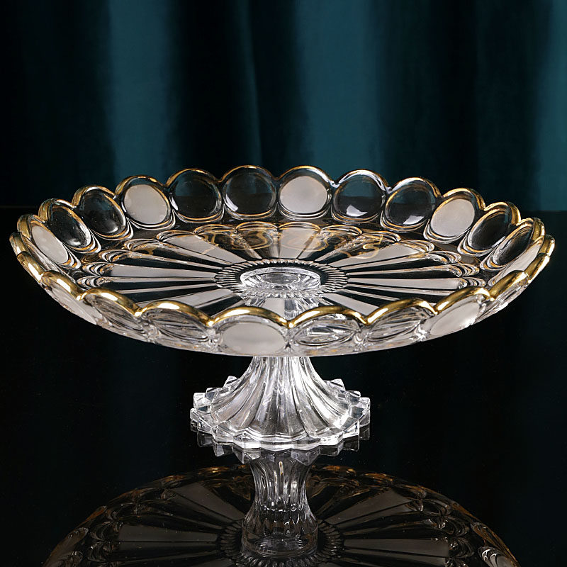 创意现代时尚大号家用轻奢描金茶几水果盘水晶玻璃糖果盘点心盘