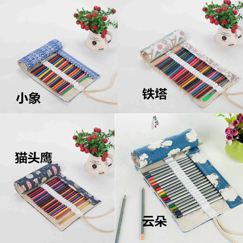 工厂直销72色卷笔帘学生画画笔袋装素描彩色铅笔印花收纳笔帘现货