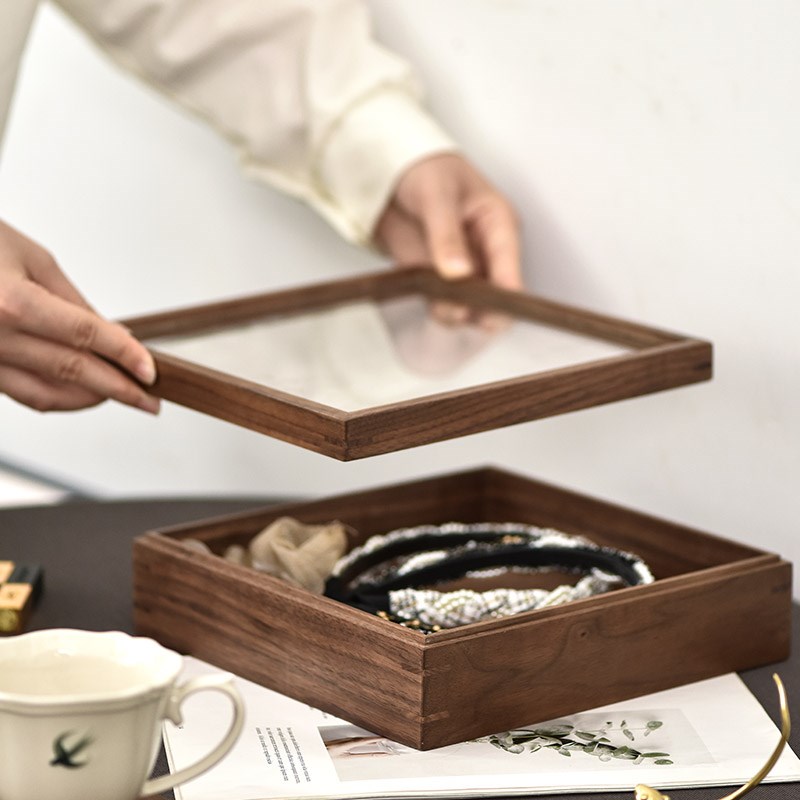 黑胡桃木发圈发箍收纳盒高档桌面整理杂物多功能储物X玻璃盖实木