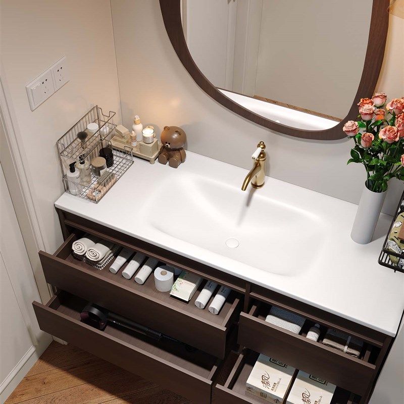 中古风岩板热弯一体盆胡桃浴室柜组合卫生间洗脸洗漱台可丽耐定制