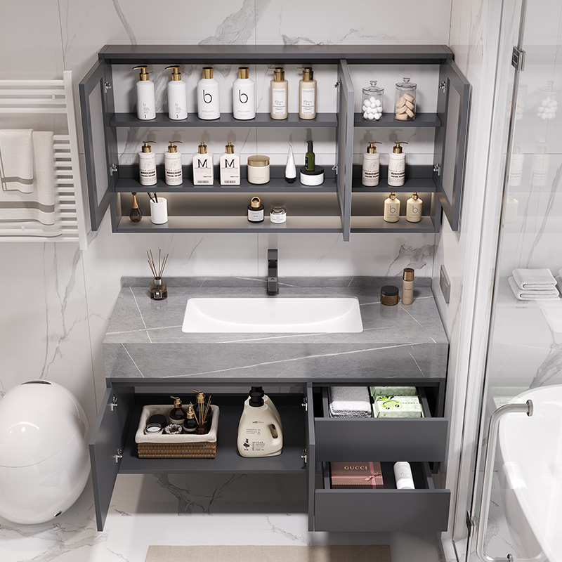 轻奢岩板浴室柜组合智能实木洗脸盆落G地式化妆室洗脸洗面洗漱台