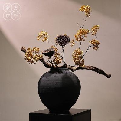 新中式陶罐陶瓷花瓶摆件侘寂风仿真水培花器手工粗陶家居玄关装饰