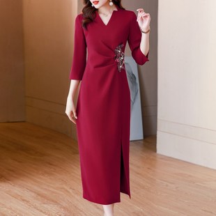 速发礼婚妈妈礼服喜婆婆婚晚装 参加婚结红色连衣 平时可穿高贵宴装