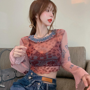 速发辣众花边领口抽象印花网纱长袖T恤小妹百晒防搭上衣