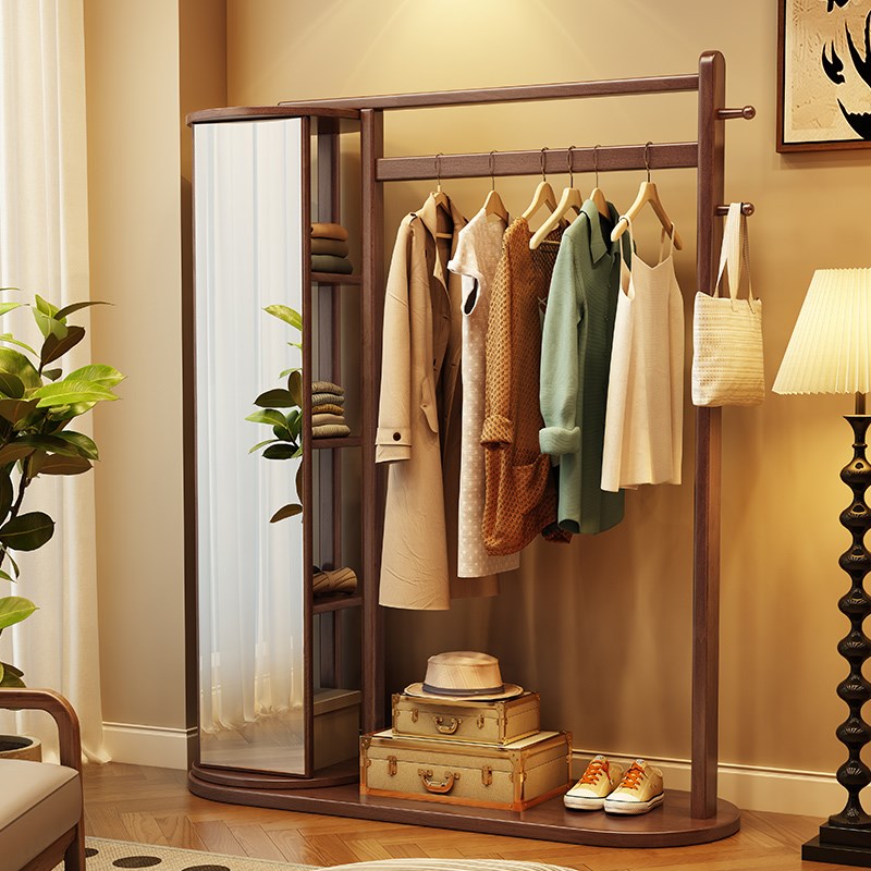 速发实木衣衣架穿帽镜一体可旋转全身用落地式家镜卧室挂衣架储物