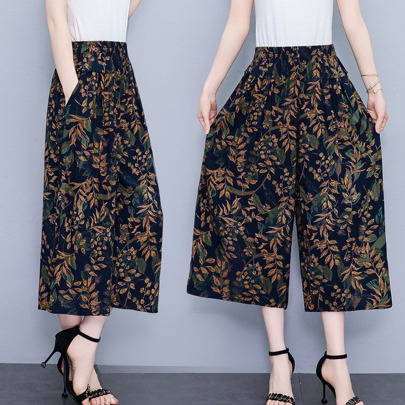 速发中年妈妈老裤子夏季棉绸七分阔裤中装年薄款大筒碎花裙腿裤