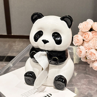 速发熊猫纸巾盒纳用客厅餐纸陶瓷抽纸盒摆件创意可爱餐巾桌收家盒