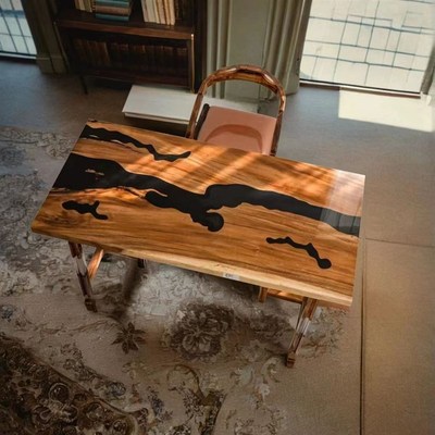 速发胡氧树脂河流桌简约茶桌环桃木原木实木板大桌茶台休闲桌家用