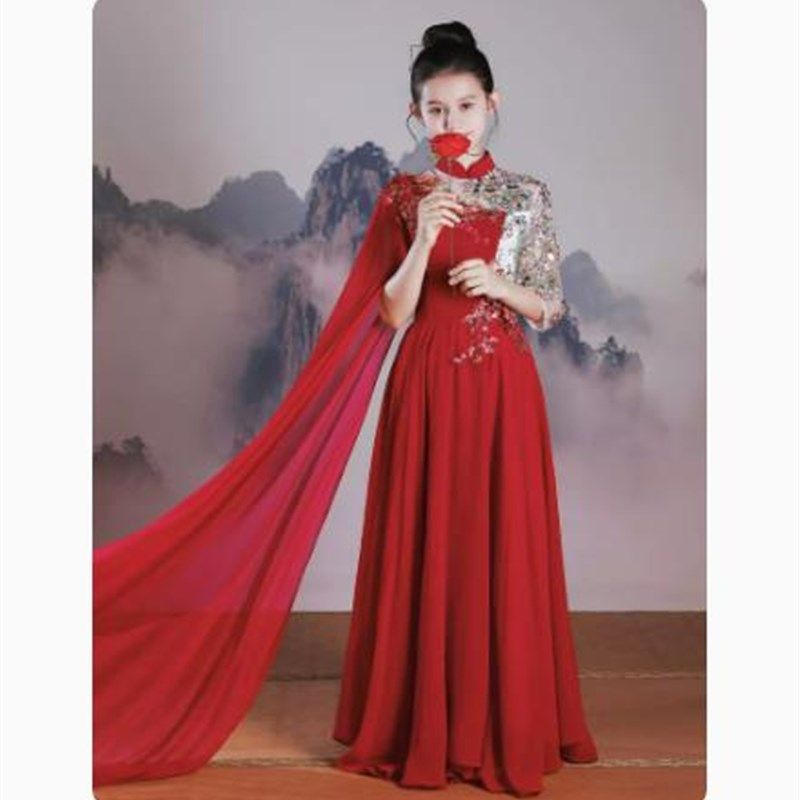 红色女童连衣裙古筝演出服中国风儿童民乐考级比赛服装中式礼服