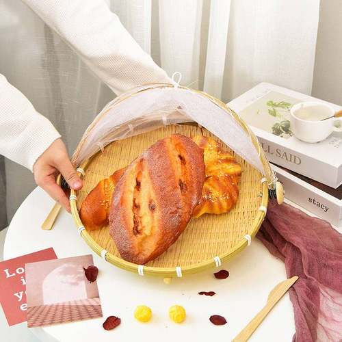 竹编织品带网罩收纳筐簸箕家用防蝇竹篮农家馒头筐水果篮有盖晒盘