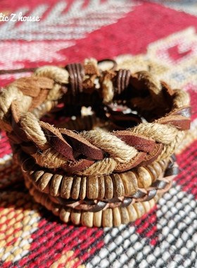 Handmade#民族手工手錬木制皮质麻编手錬欧美ins风波西米亚嬉皮士