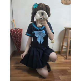 原创正统收腰jk水手服蓝樱中日系校供感绀色百褶裙学生套装 云靡